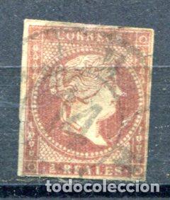 Francobolli: Edifil 46. 2 reales Isabel II, filigrana limeas. Muy adelgazado. Filigrana poco visible.