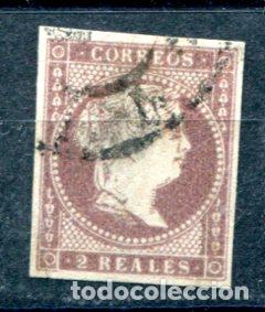 Sellos: Edifil 50. 2 reales Isabel II. A&ntilde;o 1855, sin filigrana. Matasellado. Muy bonito