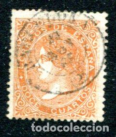 Sellos: Edifil 89 A. 12 cuartos Isabel II, a&ntilde;o 1867. Matasellado. Precioso