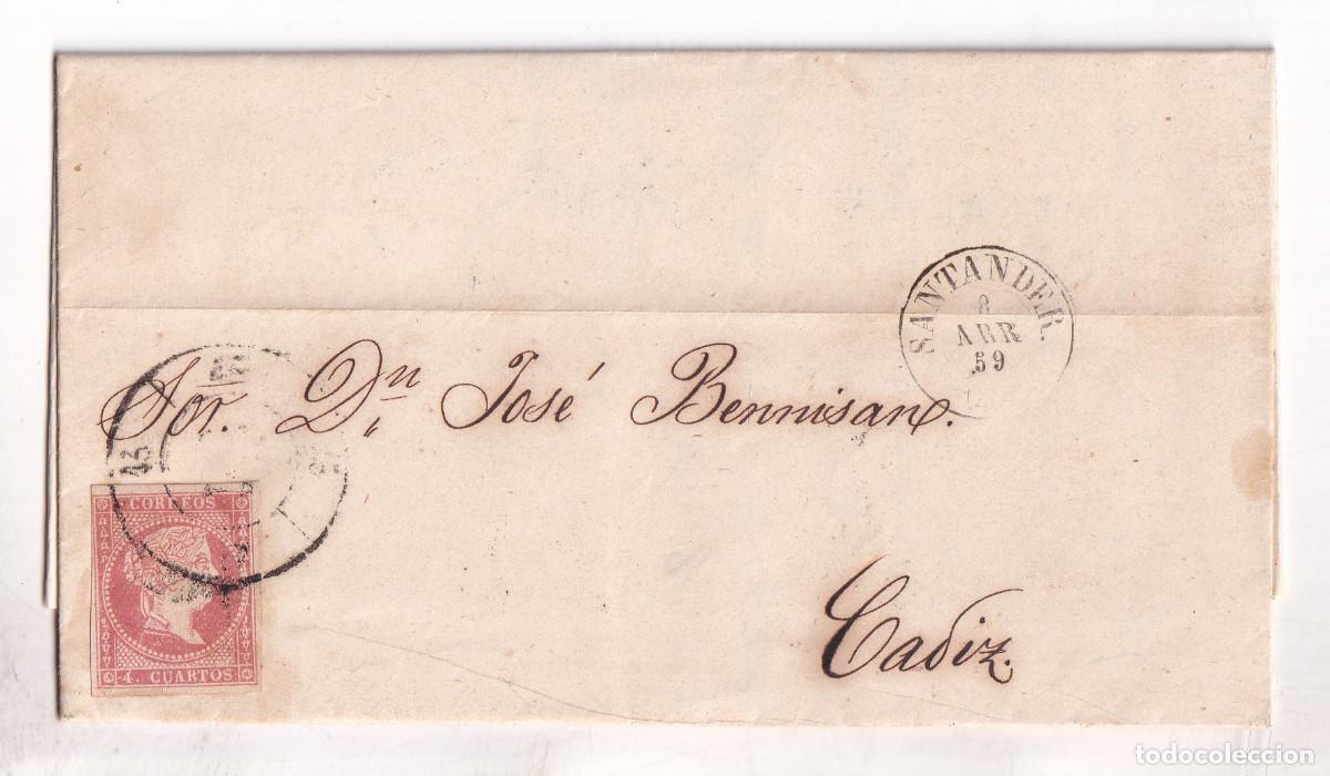 Sellos: CARTA ENTERA. SANTANDER. CANTABRIA. 1859. RUEDA DE CARRETA. A C&Aacute;DIZ