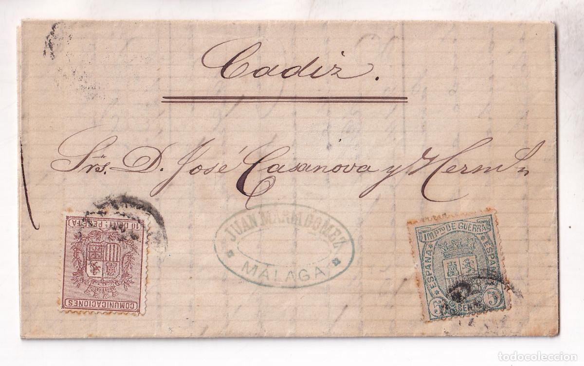Sellos: CARTA ENTERA. M&Aacute;LAGA A C&Aacute;DIZ. 1875. IMPUESTO DE GUERRA