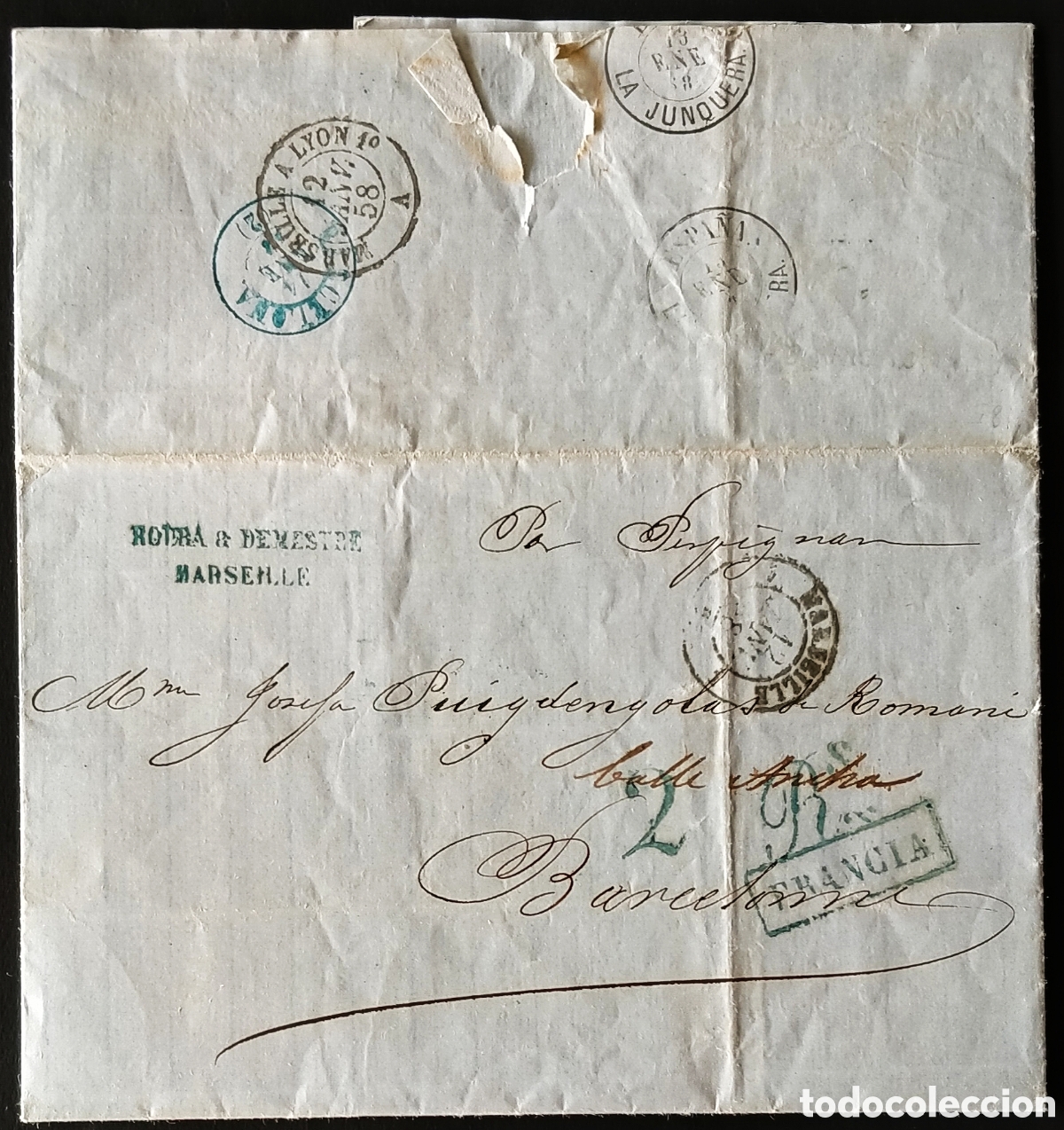 Sellos: FRANCIA-ESPA&Ntilde;A / 1858. Carta MEMBRETE L&Iacute;NEAS VAPORES MARSELLA-LIVERPOOL-BARCELONA. DOCUMENTO D VALOR