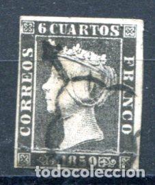 Briefmarken: Edifil 1 A. 6 cuartos Isabel II, a&ntilde;o 1850. Letra T y O unidas. Primer sello de Espa&ntilde;a. Usado.