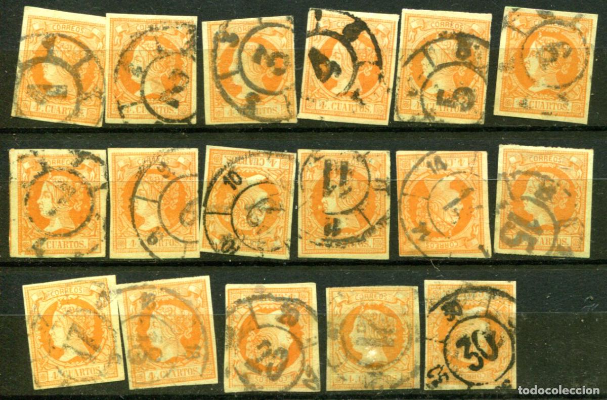 Briefmarken: Edifil 52, 4 cuartos a&ntilde;o 1860. 17 sellos con diferentes matasellos rueda de carreta.