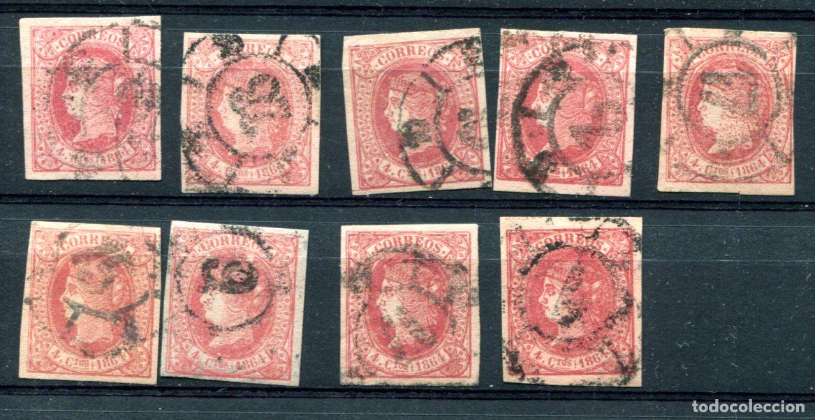 Briefmarken: Edifil 64, cuatro cuartos, a&ntilde;o 1864. 9 sellos con diferentes matasellos rueda de carreta.