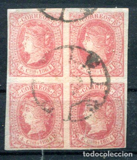 Briefmarken: Edifil 64, cuatro cuartos, a&ntilde;o 1864. Bloque de 4, rueda de carreta