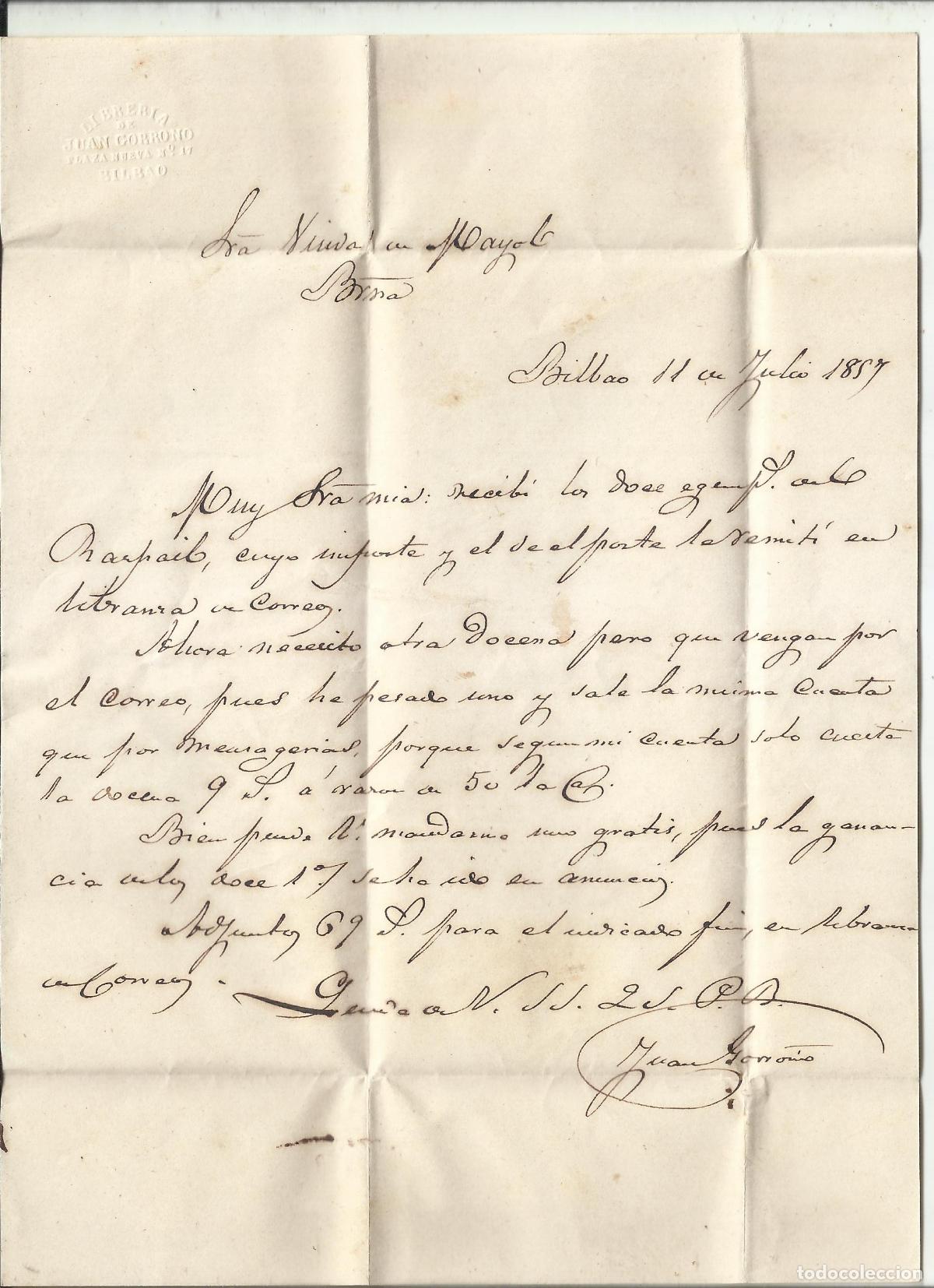 Sellos: CIRCULADA Y ESCRITA 1857 de BILBAO A BARCELONA - Foto 2