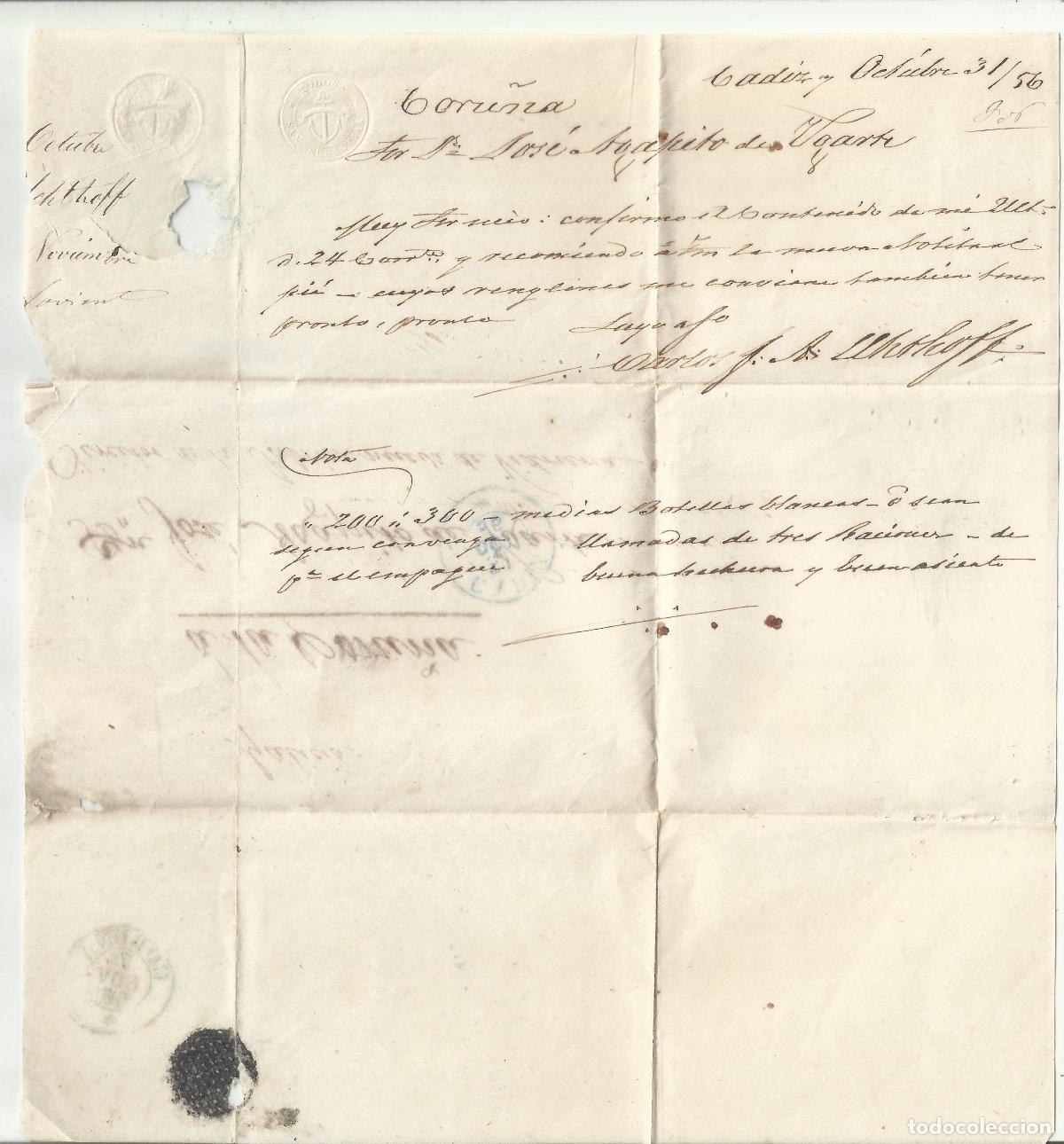 Sellos: CIRCULADA Y ESCRITA 1856 DE CADIZ A LA CORU&Ntilde;A - Foto 2
