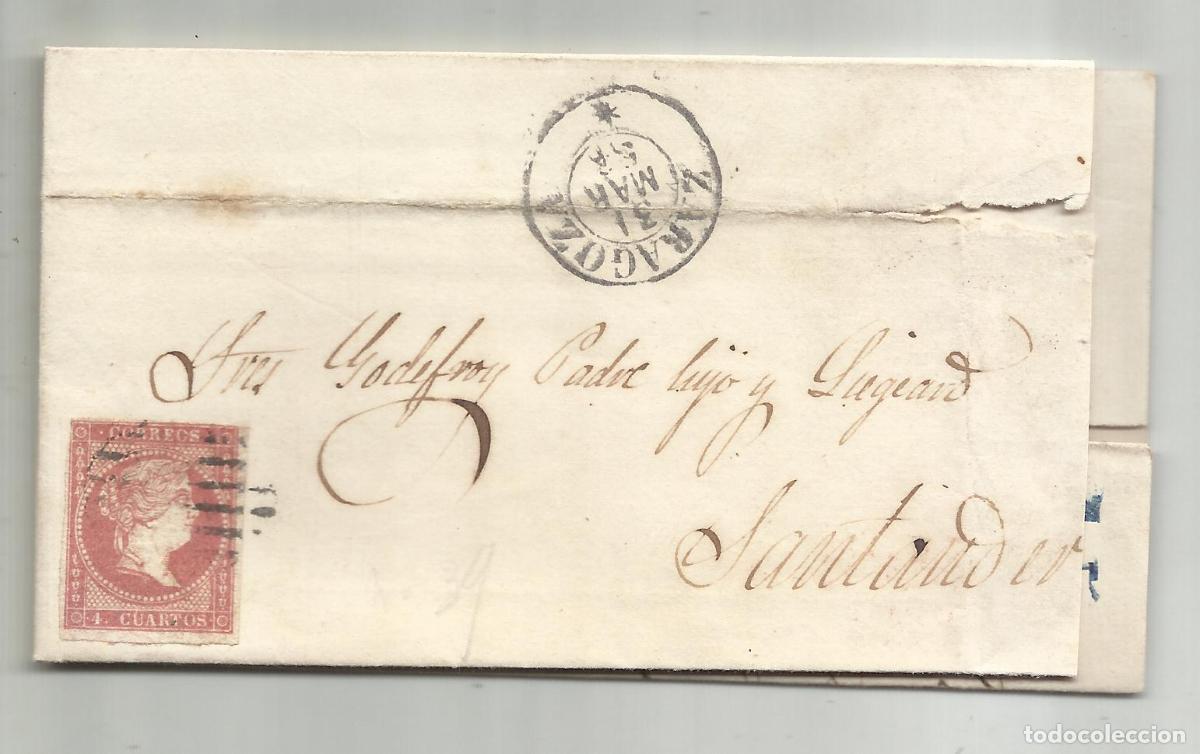 Sellos: CIRCULADA Y ESCRITA VENTA AZUCAR 1856 DE ZARAGOZA A SANTANDER
