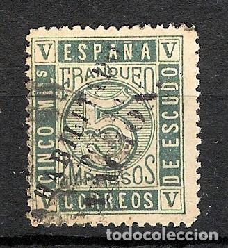 Sellos: 1867. Isabel II. 5 m verde . Edifil 93, usado y habilitado por la naci&oacute;n.