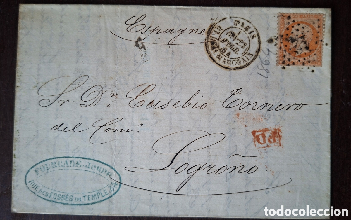 Sellos: Carta desde Francia a Logro&ntilde;o marca en rojo PD 1864