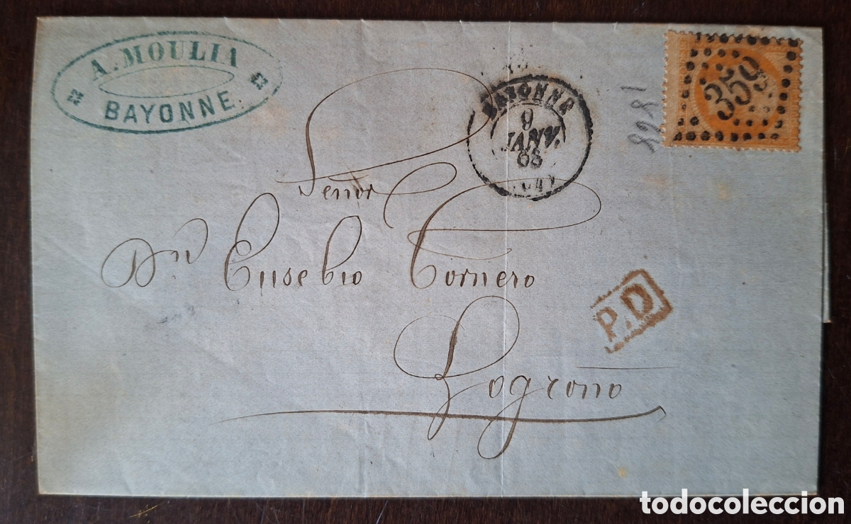 Sellos: Carta desde Francia a Logro&ntilde;o marca rojo PD 1868
