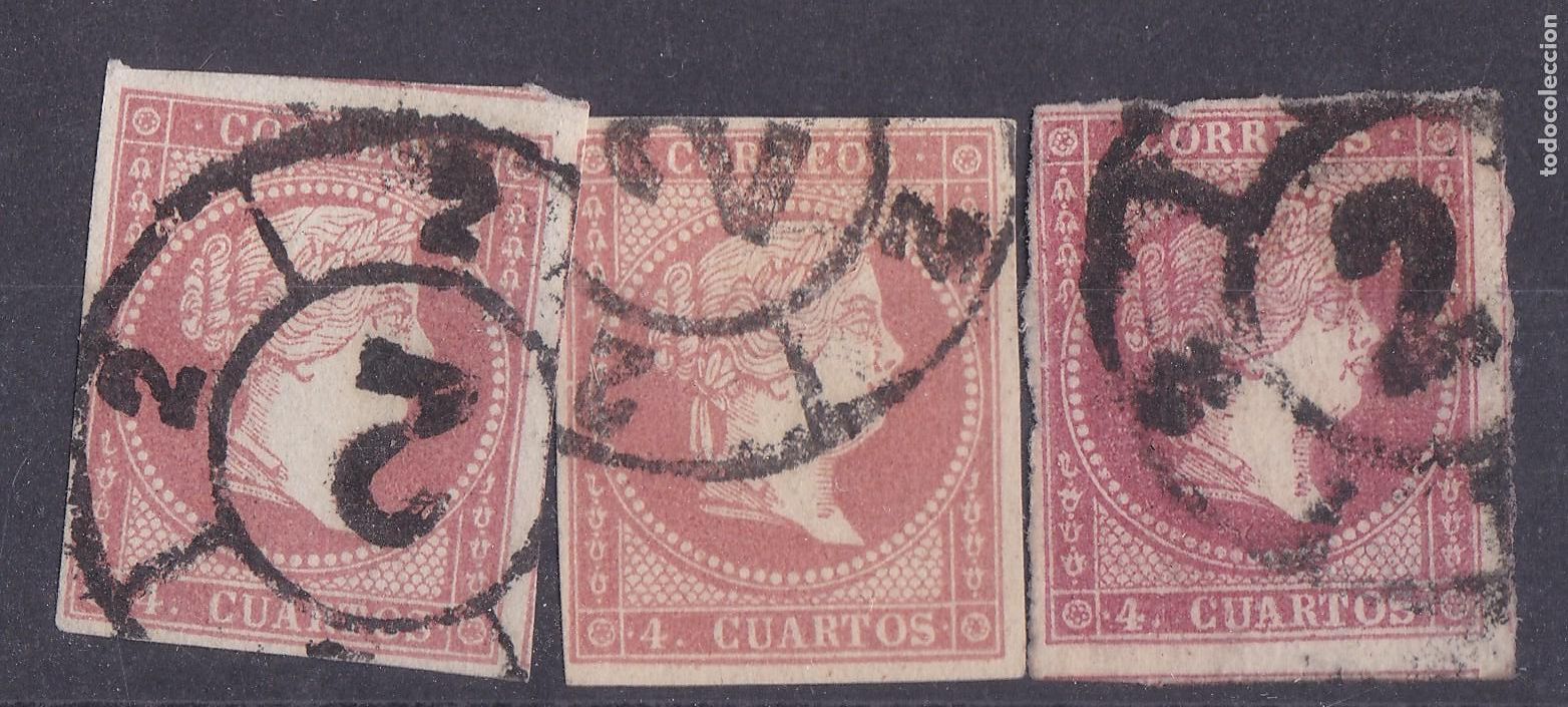 Sellos: AA3- Cl&aacute;sicos Edifil 48B (Tipo III) x 3 Sellos Rueda Carreta 2 BARCELONA . 3 Colores