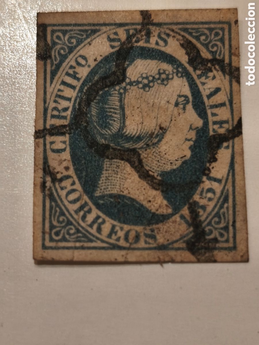 Sellos: Sello cl&aacute;sico de Espa&ntilde;a n 10 usado ara&ntilde;a negra ,6 reales azul muy escaso ver las imagenes