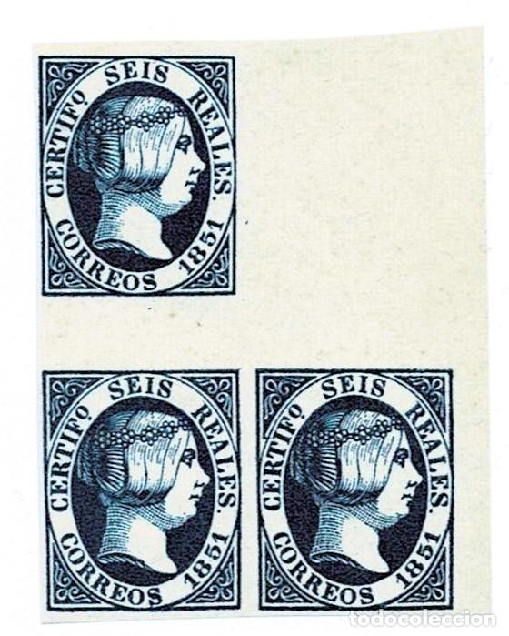 Sellos: L36-Espa&ntilde;a ISABEL II BLOQUE DE 4 Edifil n&ordm; 10 (6 reales AZUL) Variedad FALLO DE IMPRESION Falsos SEG