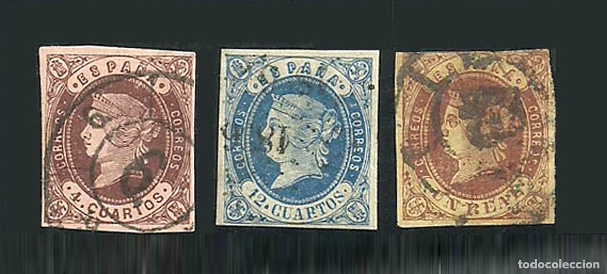 Sellos: 1862, Edifil 58, 59 y 61, 4 cuartos, 12 cuartos y 1 real
