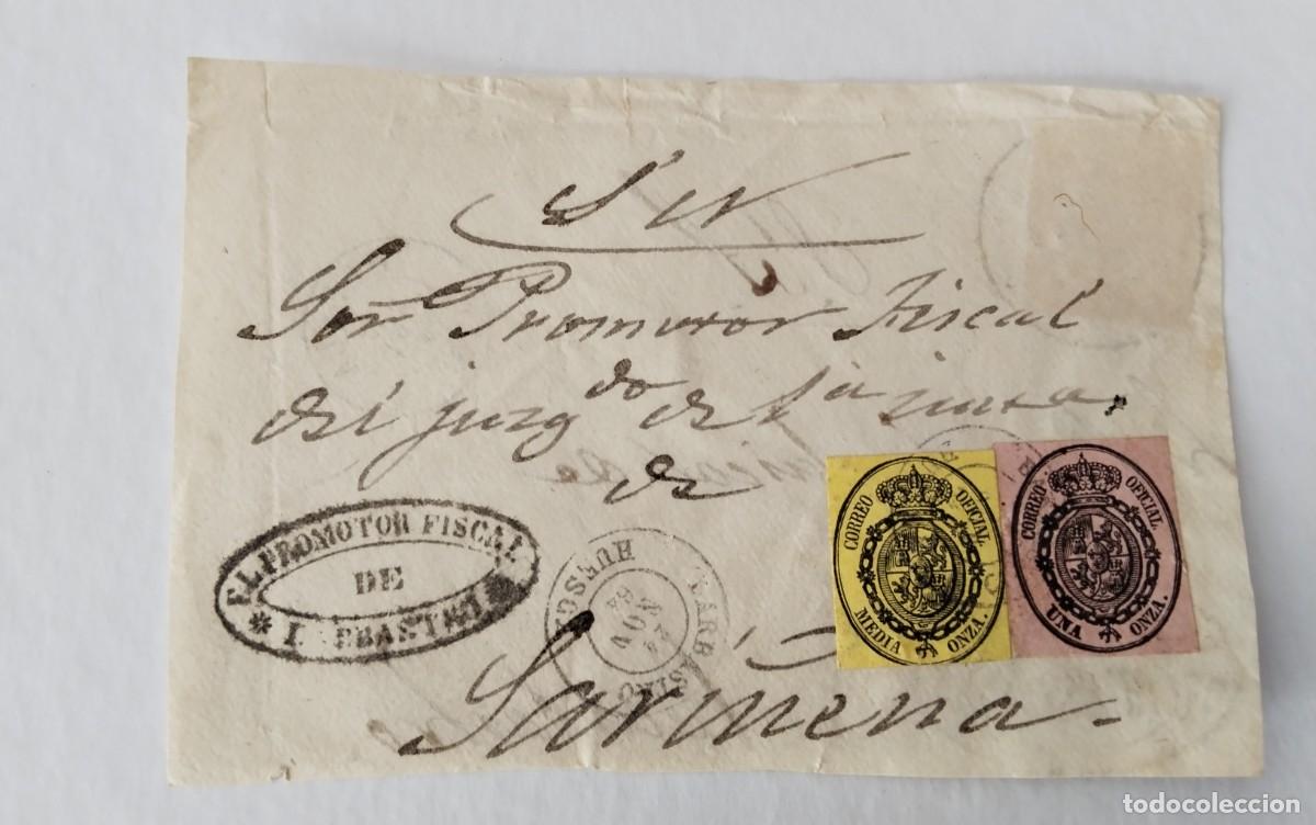 Sellos: FRONTAL PLICA JUDICIAL CON 2 SELLOS EDIFIL 35 36 FECHADOR TIPO 1 MALAGA A&Ntilde;O 1857 DESTINO ARCHIDONA