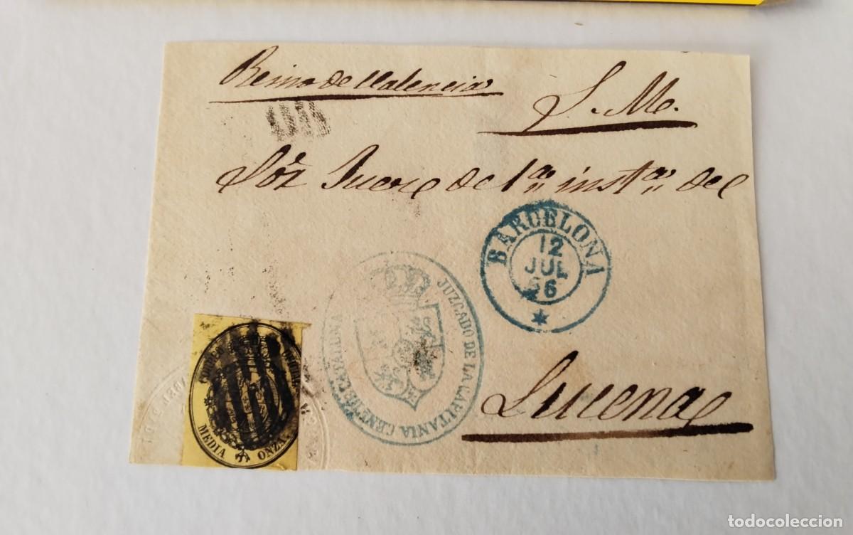 Sellos: FRONTAL PLICA JUDICIAL SELLO EDIFIL N&ordm; 35 FECHADOR DE BARCELONA DESTINO LUCENA ,ATENCION TAMPON 1856