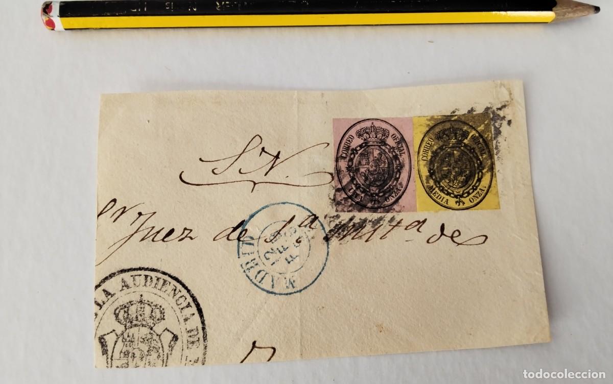 Sellos: FRONTAL PLICA JUDICIAL DOS SELLOS EDIFIL 35 Y 36 FECHADOR MADRID EN AZUL 1858
