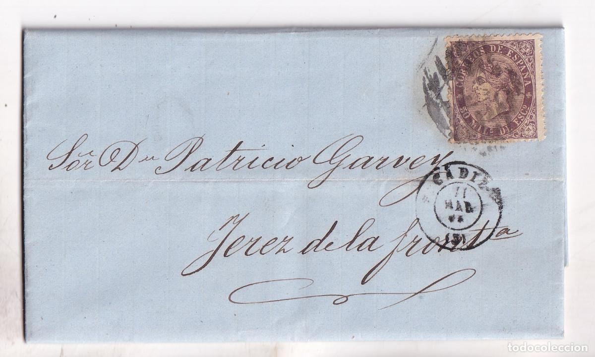 Sellos: CARTA ENTERA. C&Aacute;DIZ A PATRICIO GARVEY EN JEREZ DE LA FRONTERA. 1869