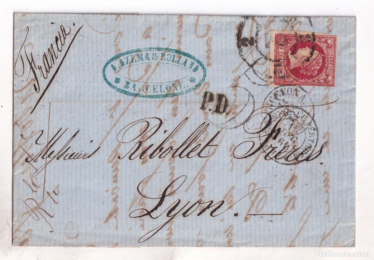 Sellos: CARTA ENTERA. BARCELONA A LYON. FRANCIA. 12 CUARTOS. RUEDA DE CARRETA. 1861