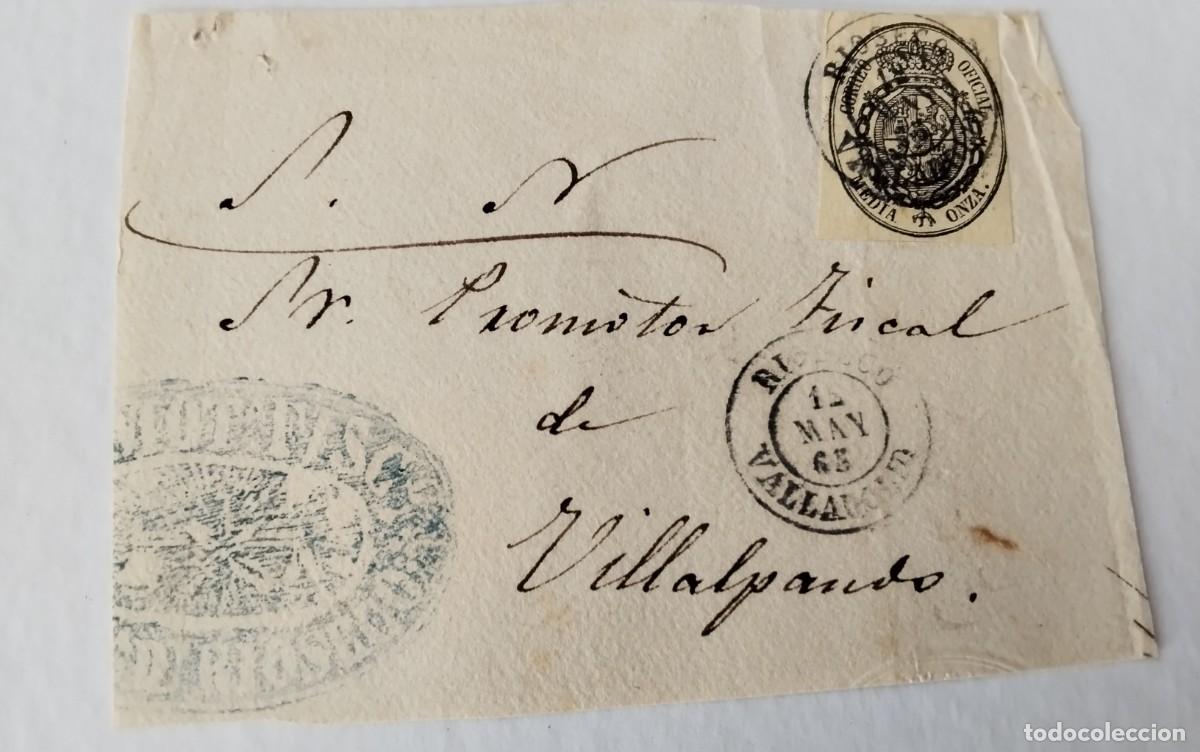 Sellos: FRONTAL PLICA JUDICIAL CON SELLO EDIFIL N&ordm; 35 FECHADOR DE VALLADOLID DESTINO VILLALPANDO A&Ntilde;O 1863