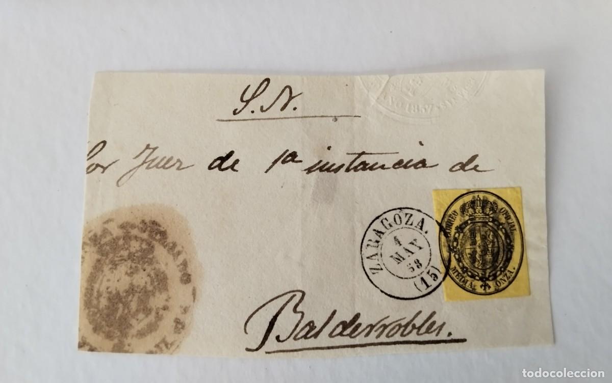 Sellos: FRONTAL PLICA JUDICIAL CON SELLO EDIFIL N&ordm; 35 FECHADOR DE ZARAGOZA DESTINO BALDERROBLES 1858