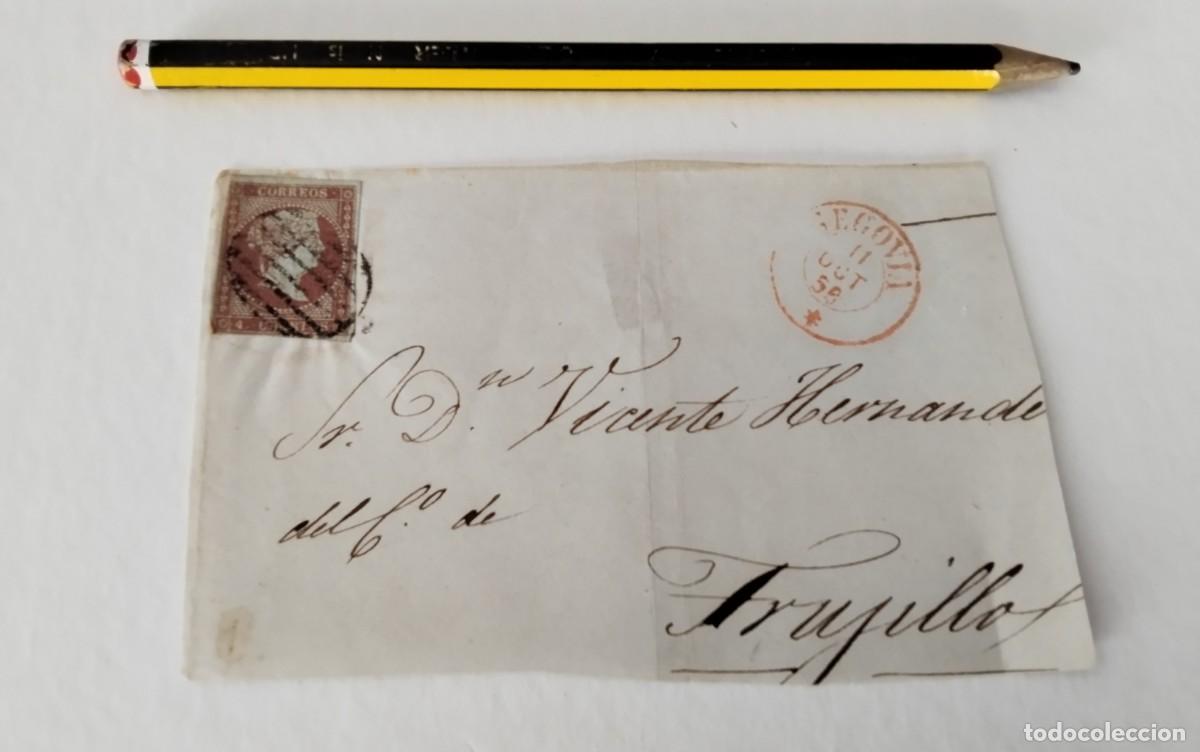 Sellos: FRONTAL ENVUELTA CON SELLO EDIFIL 48 FECHADOR SEGOVIA DESTINO TRUJILLO A&Ntilde;O 1858