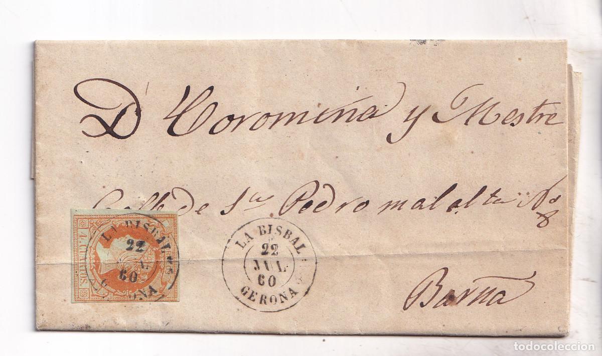 Sellos: CARTA ENTERA. LA BISBAL. GIRONA. 1860. FECHADOR. 4 CUARTOS AMARILLO