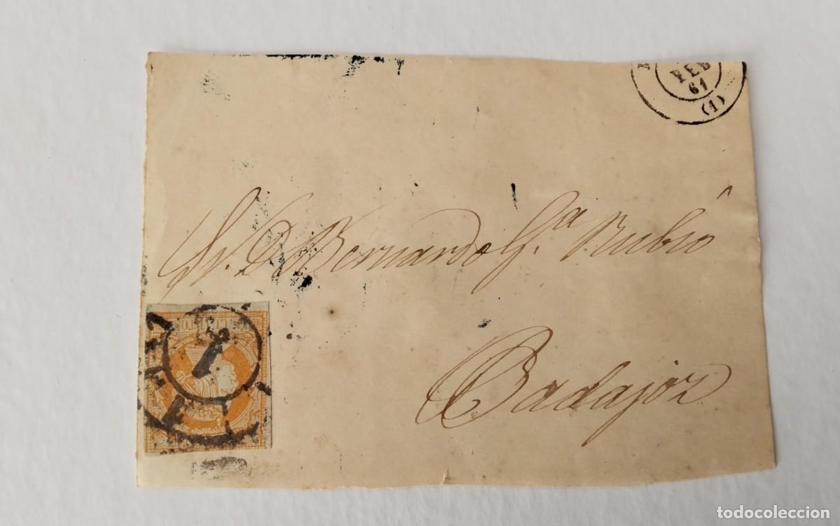 Sellos: FRONTAL DE ENVUELTA SELLO 4 CUARTOS EDIFIL52 FECHADOR MADRID DESTINO BADAJOZ MATASELLO RUEDA CARRETA