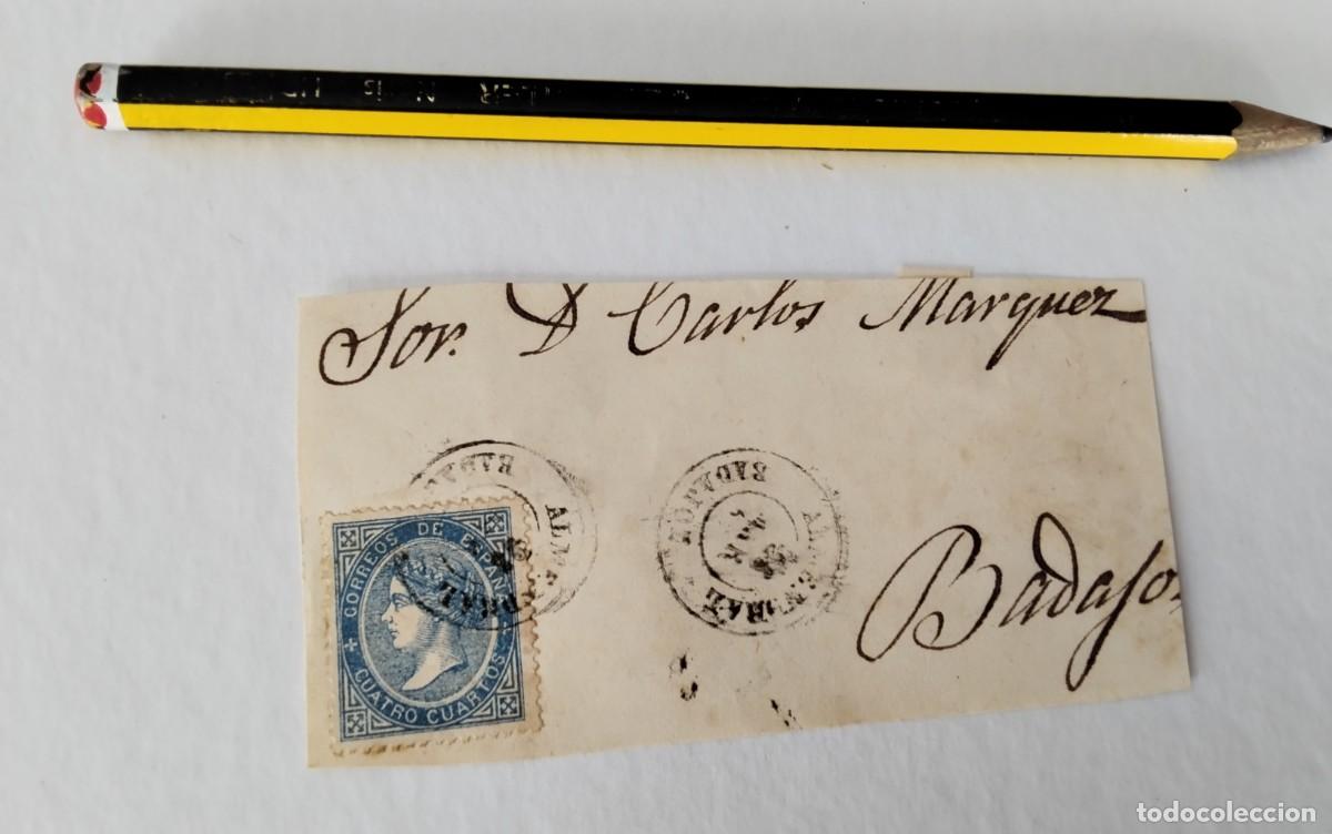Sellos: FRONTAL DE ENVUELTA SELLO 4 CUARTOS EDIFIL 75 FECHADOR ALMENDRALEJO DESTINO BADAJOZ