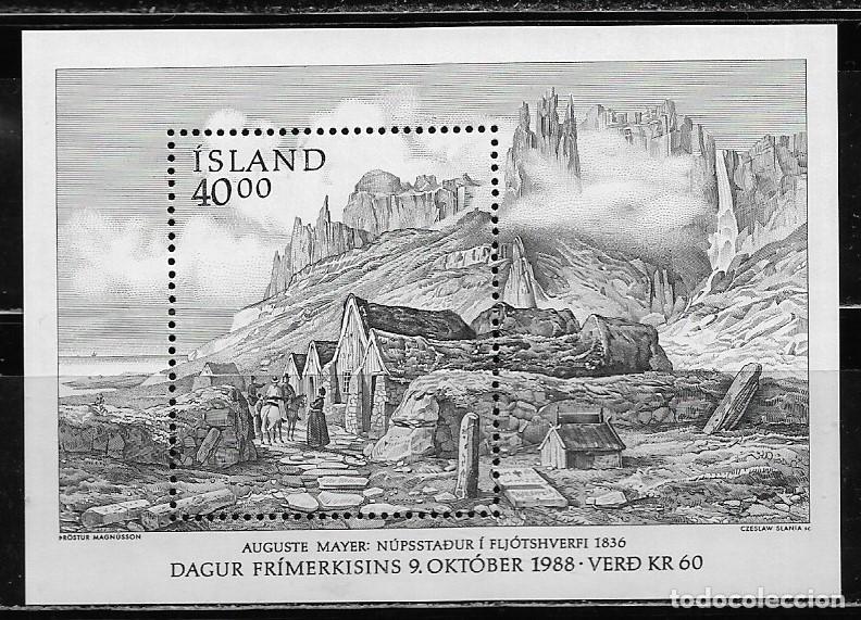 Sellos: ISLANDIA 1988, HOJA BLOQUE Ivert 9 - D&Iacute;A DEL SELLO, POBLADO DE PESCADORES. MNH.