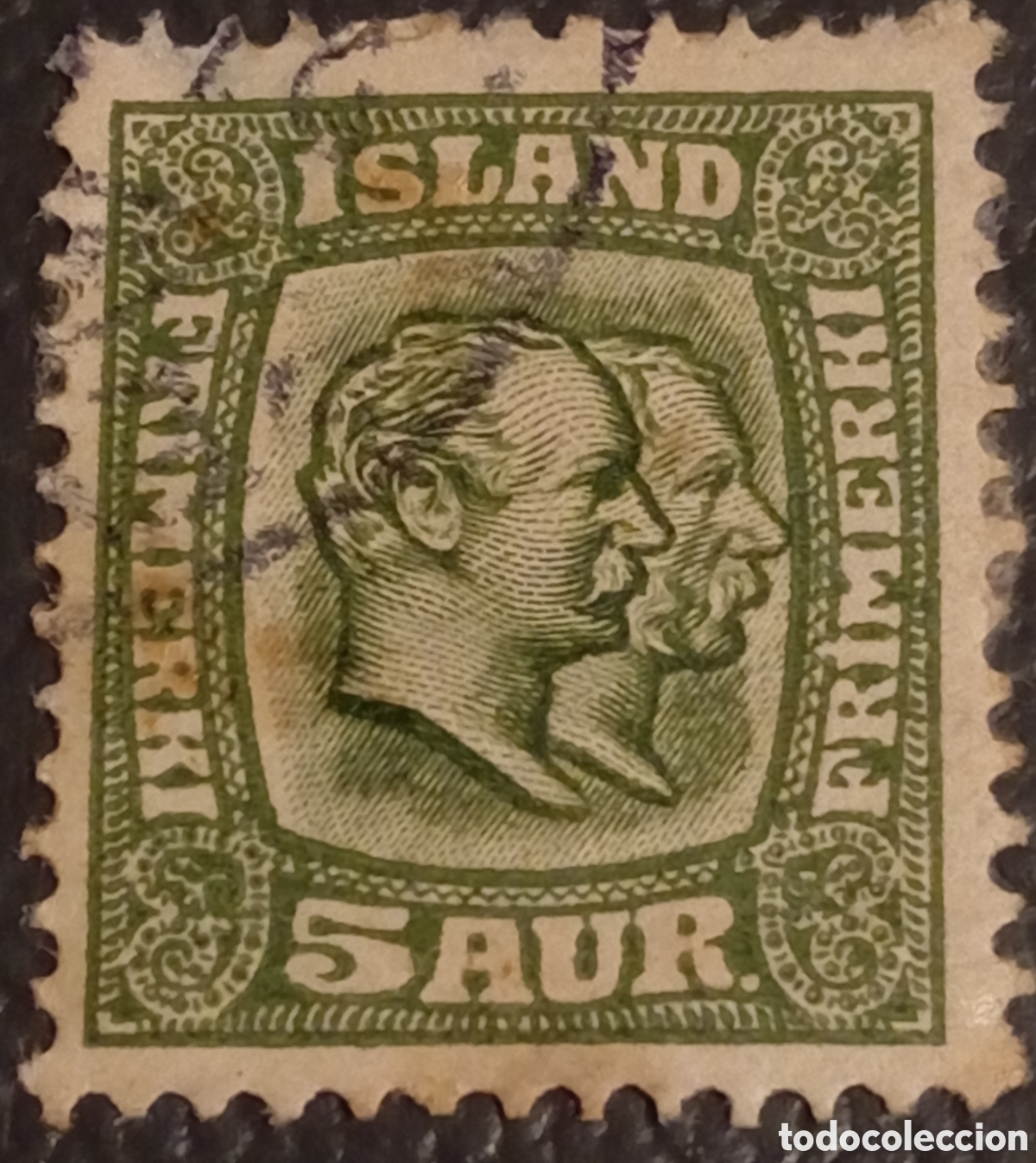 Sellos: Islandia 1907 - Sello 5 Aur Verde &rdquo;Dos Reyes&rdquo; - Cat. Michel N&ordm; 51