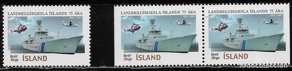 Sellos: ISLANDIA 2001, Ivert 908 - GUARDA COSTA + 908A/B VARIEDAD DE DENTADO. MNH.