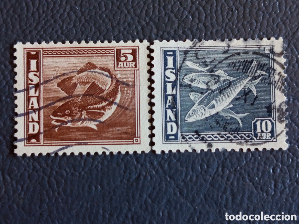 Sellos: Islandia 1939 - Pareja Sellos Peces 5a Bacalao y 10a Arenque, Usados (Scott #219, #220)