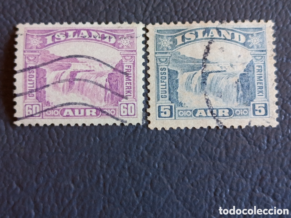 Sellos: Islandia 1931 - Pareja Sellos Cascada Gullfoss (5 Aur y 60 Aur) - Usados - Scott 170 / 173