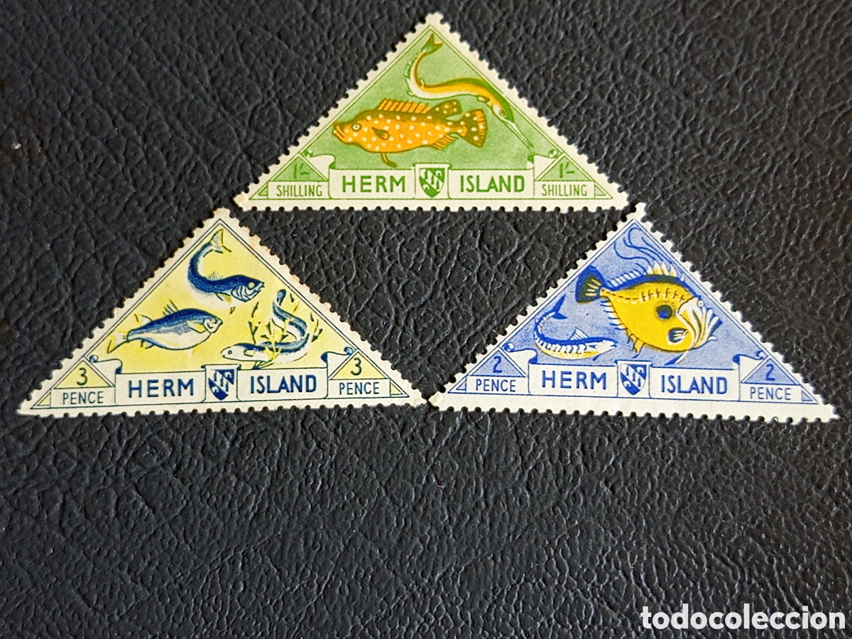 Sellos: Lote 3 Sellos Herm Island 1954 Peces Triangulares Cat. Stanley Gibbons #15-17 MH