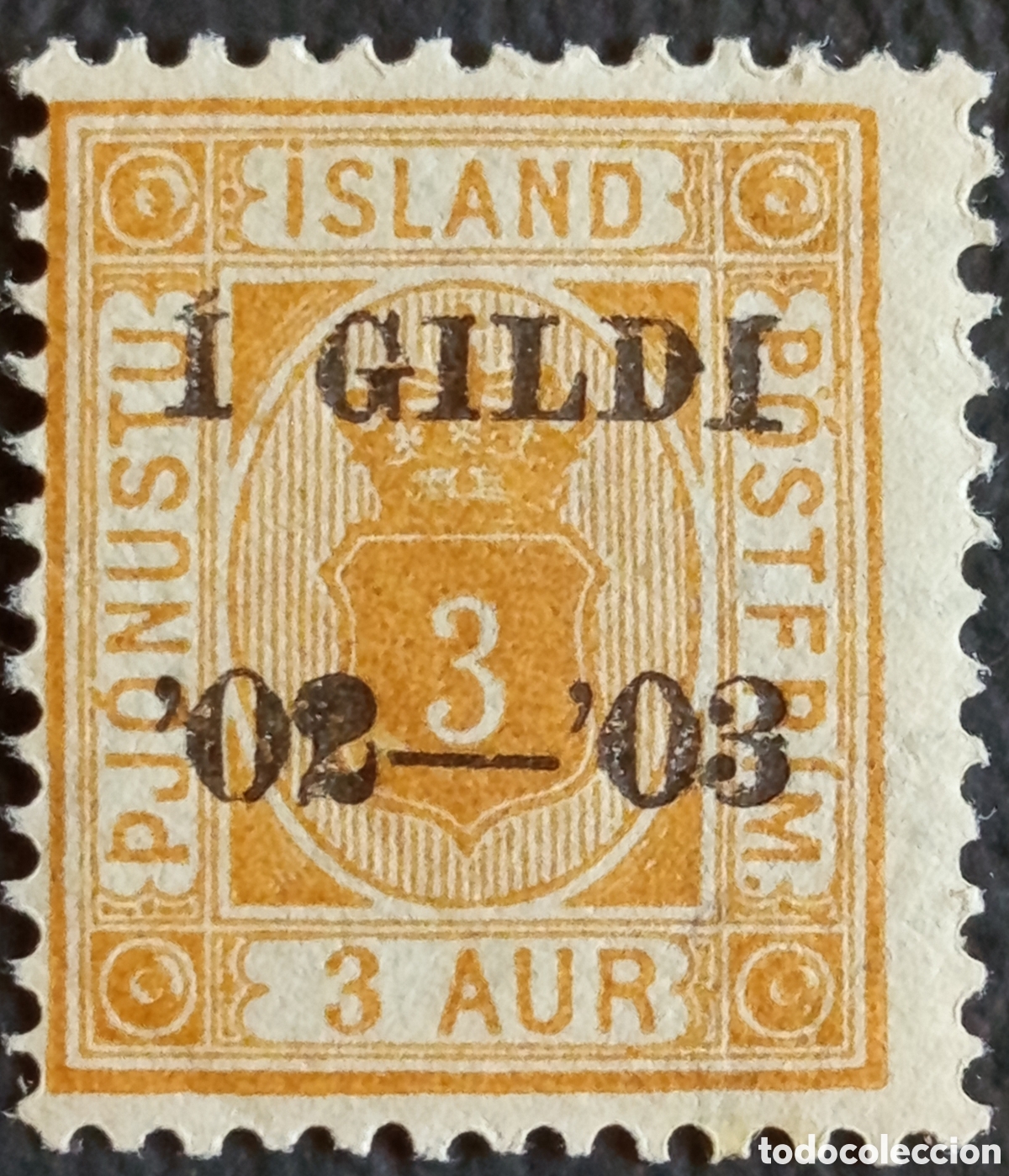 Timbres: Sello Islandia 1902 Oficial Sobrecarga I GILDI 3aur Amarillo Yvert 30 MNH.