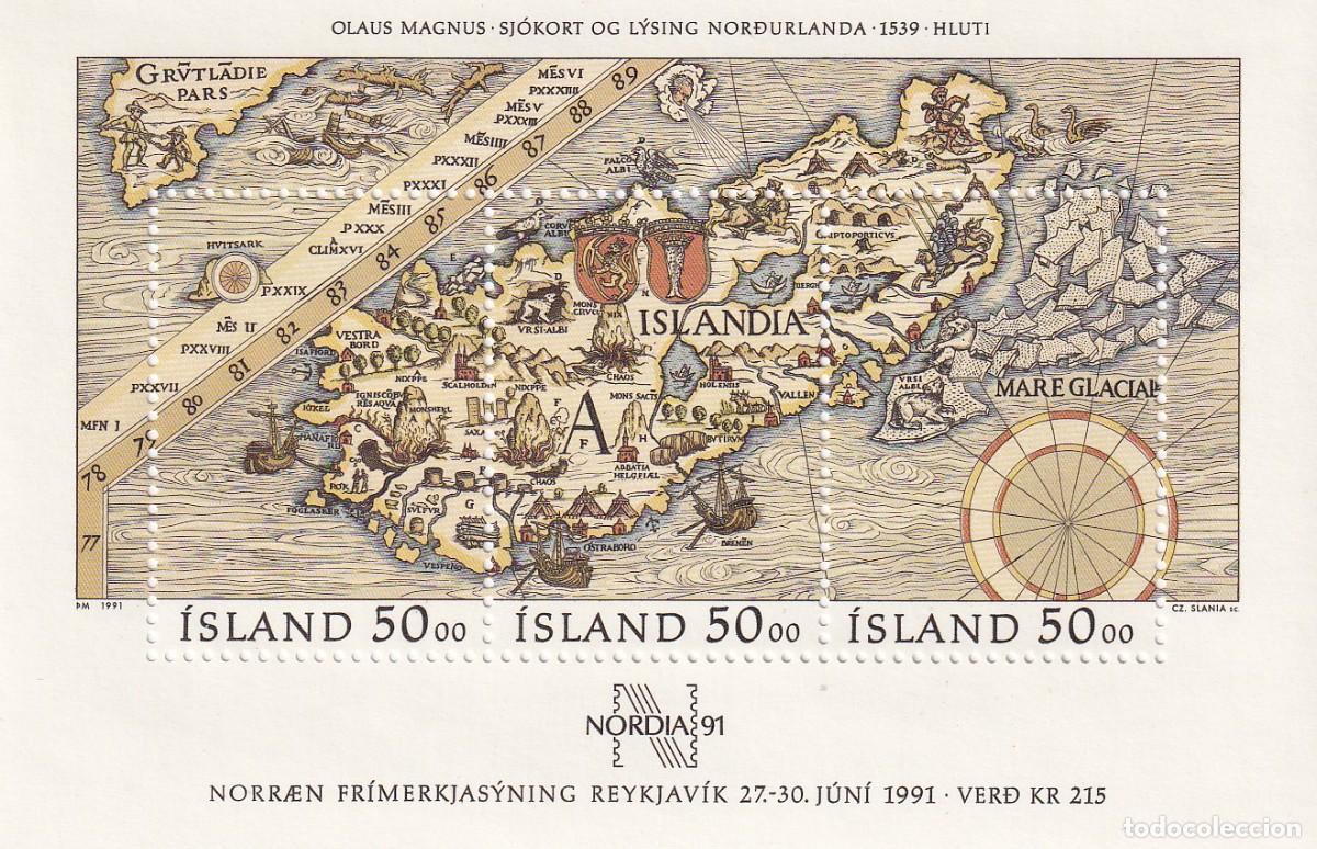 Sellos: HB Islandia 1991 - Exposici&oacute;n Mundial Filatelia Nordic&acute;91 Reikjavik - Mapa norte Europa Olaus Magnus