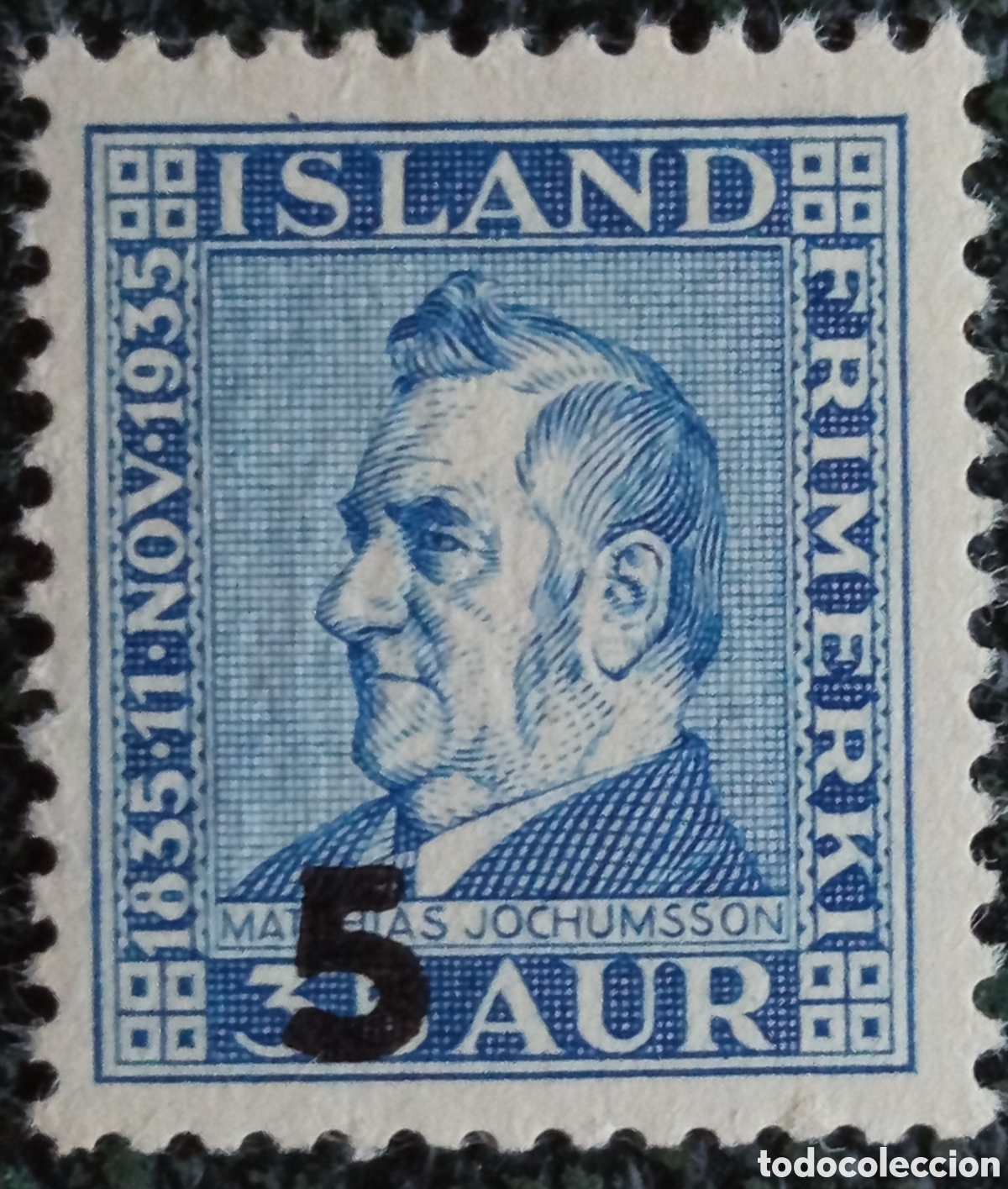 Sellos: Sello Islandia 1939 Sobrecarga 5 Aur en 35 Aur - Scott n&ordm; 212 / Michel n&ordm; 203 MNH