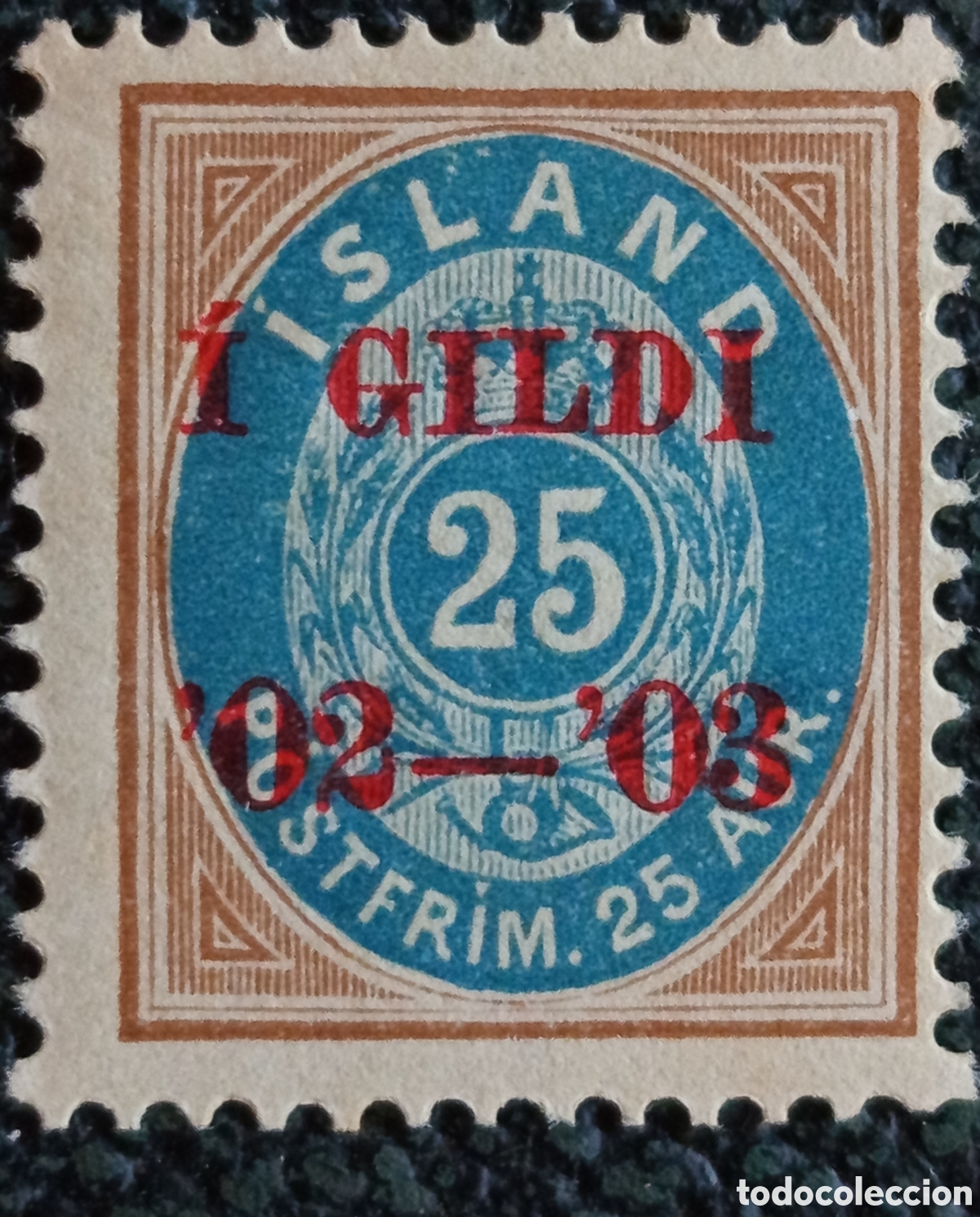 Sellos: Sello Islandia 1902 &Iacute; Gildi Sobrecarga Roja 25 Aur - Scott n&ordm; 57 / Yvert n&ordm; 31 MH