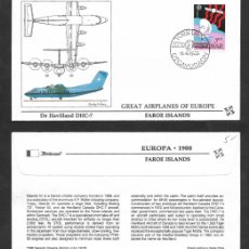Sellos: SE)1988 FAROE ISLANDS, EUROPA CEPT ISSUE, GREAT PLANES OF EUROPE, DE HAVILLAND DHC-7, SATELLITE, XF