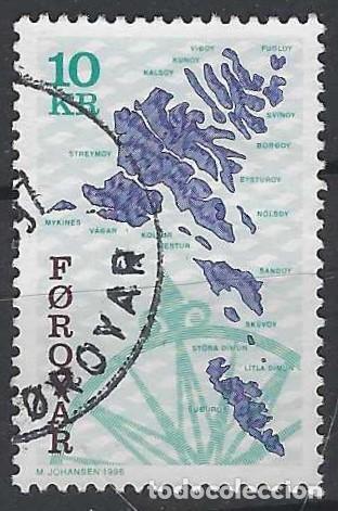 Sellos: ISLAS FEROE 1996 - MAPA DE LAS ISLAS FEROE - USADO - Foto 1