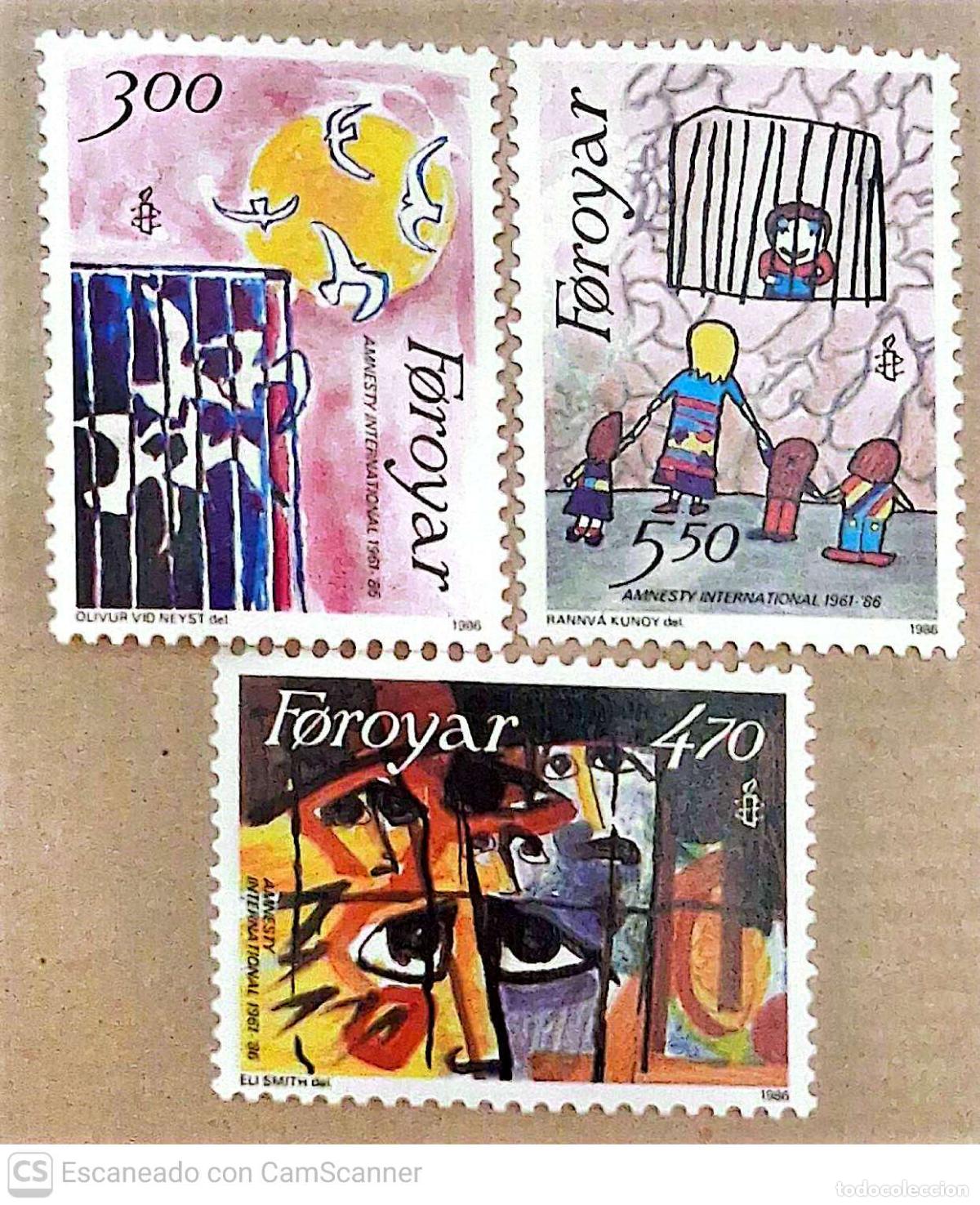 Sellos: Feroe. 130/32 Aniversario de Amnesty International: Palomas, caras y visita de prisioneras por la f