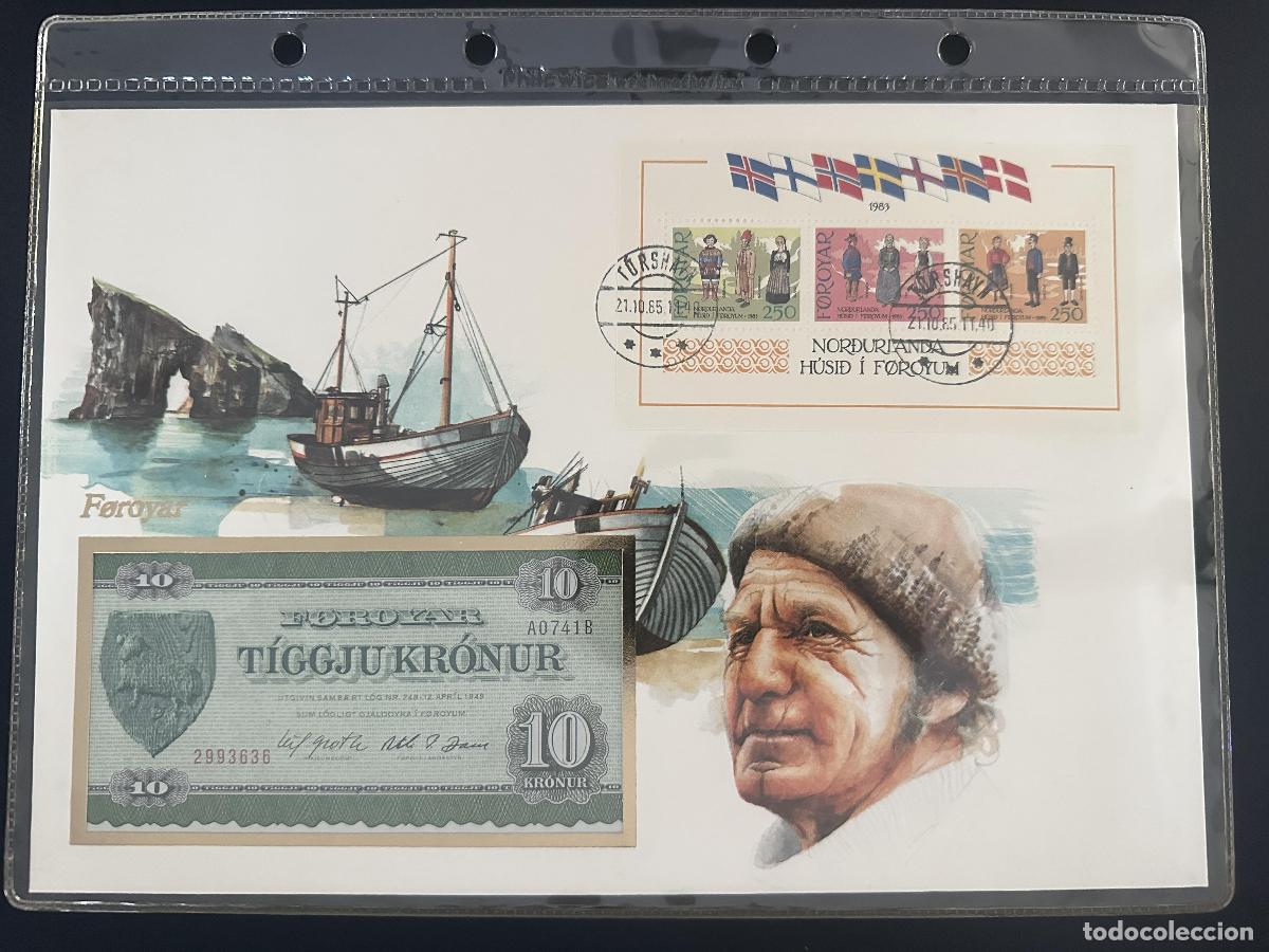 Sellos: Feroe sobre numism&aacute;tico billete 10 Kr&oacute;nur bloque trajes 1983