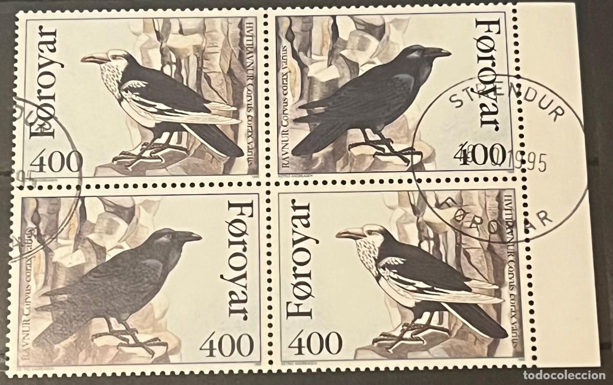 Sellos: ISLAS FEROE-SELLOS A&Ntilde;O 1995-P&Aacute;JAROS-CUERVO GRANDE-USADOS-BLOQUE DE 4-SERIE COMPLETA-DENTADO 14