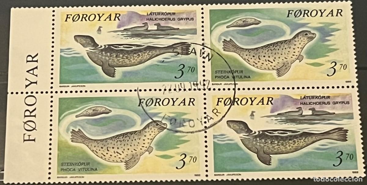 Sellos: ISLAS FEROE-SELLOS A&Ntilde;O 1992-FOCAS-USADOS-BLOQUE DE 4-SERIE COMPLETA-DENTADO 13&frac34; x 13&frac12;