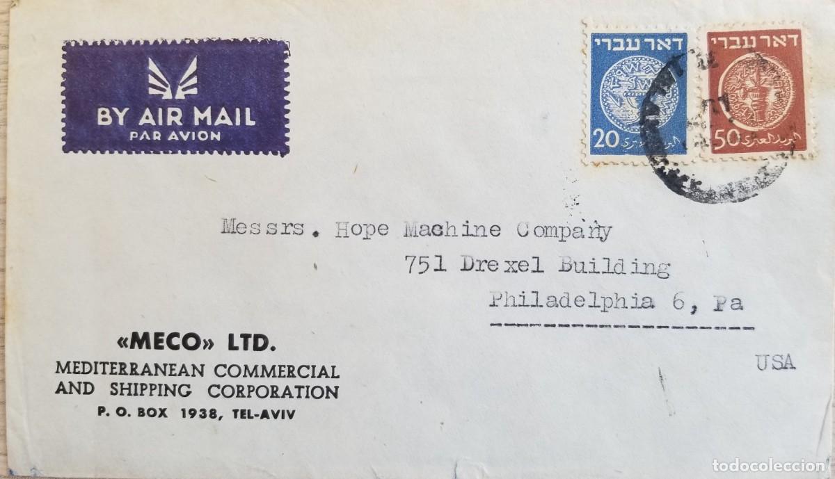 Sellos: MI) 1948 ISRAEL, AIRMAIL SENT FROM TEL AVIV TO PENNSYLVANIA, USA; TWO HISTORIC STAMPS FROM ISRAEL'S