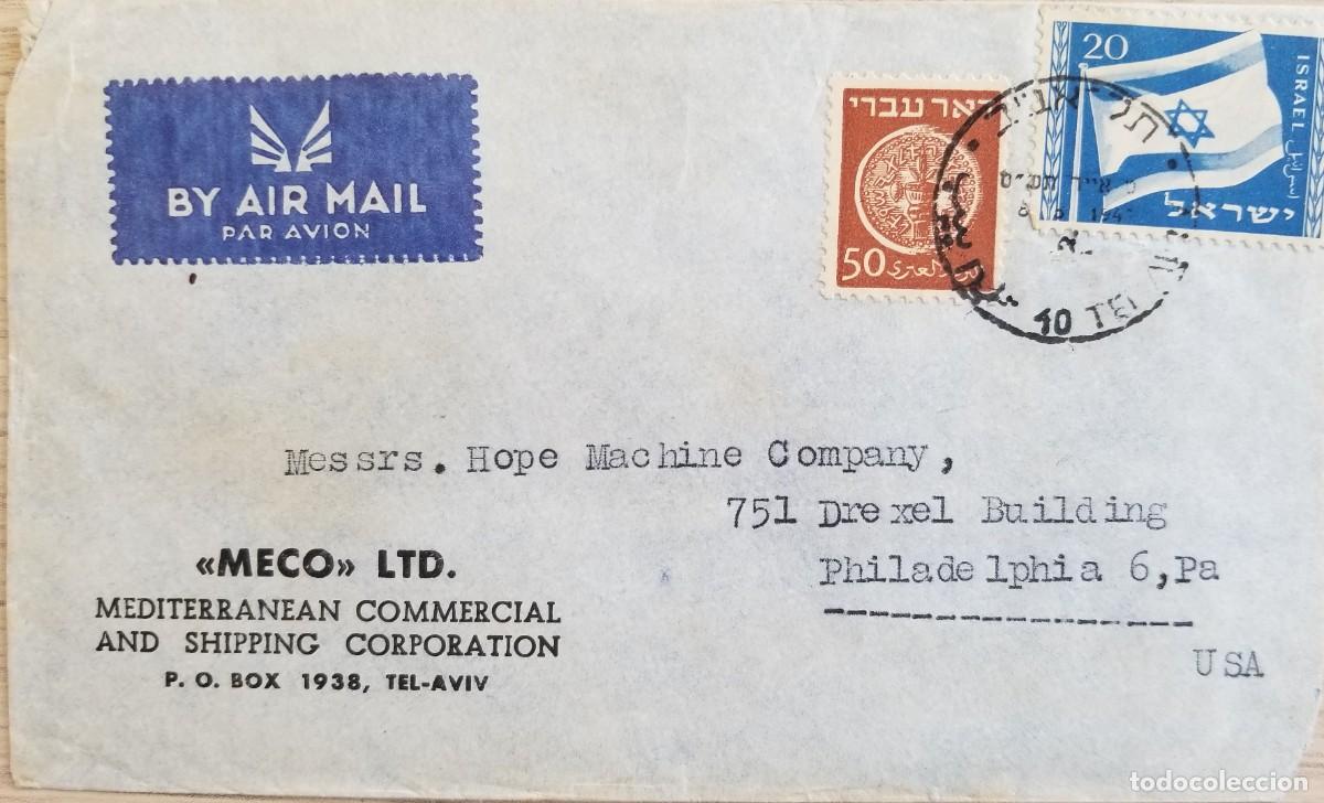 Sellos: MI) 1938 ISRAEL, AIRMAIL SENT FROM TEL AVIV, ISRAEL, TO PHILADELPHIA, UNITED STATES; FIRST SERIES OF