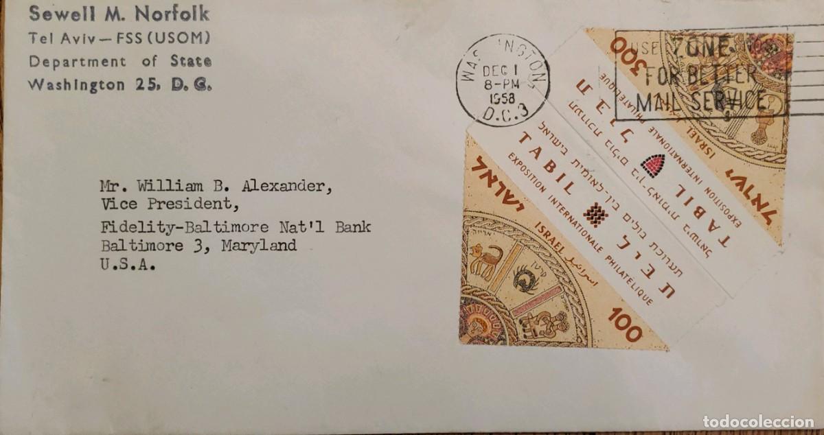 Sellos: MI) 1958 ISRAEL, SENT FROM THE STATE DEPARTMENT IN TEL AVIV TO BALTIMORE; WASHINGTON, D.C. POSTMARK